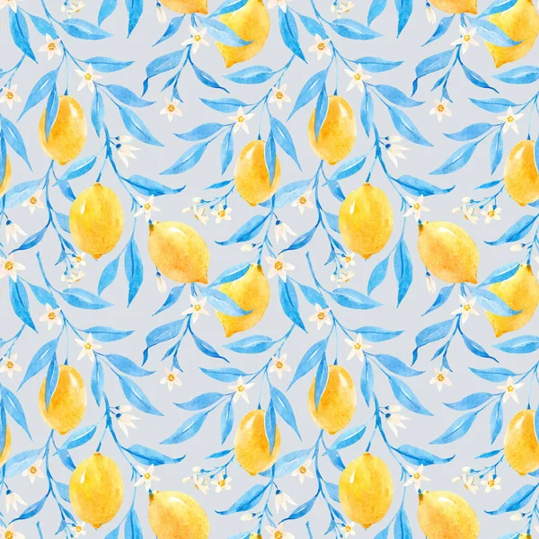 Magnifique motif sans couture avec aquarelle dessinée à la main citrons et feuilles bleues. Illustration de stock. — Photo