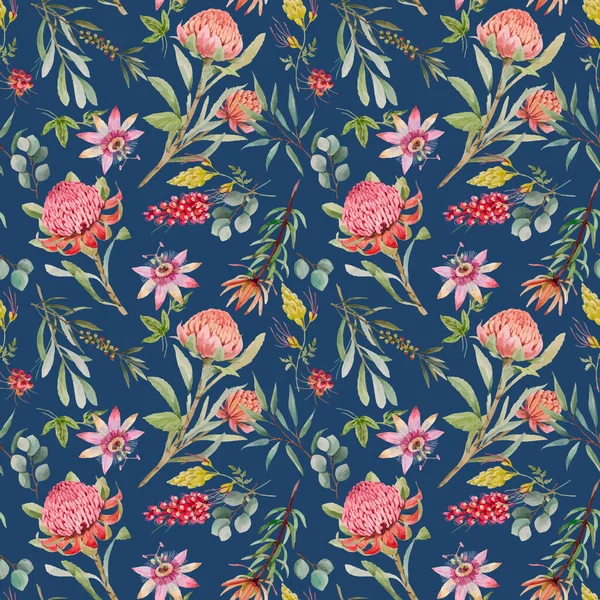 Όμορφο διάνυσμα απρόσκοπτη floral μοτίβο με υδατογραφία καλοκαίρι protea και λουλούδια passionflower. Εικονογράφηση αποθέματος. — Διανυσματικό Αρχείο