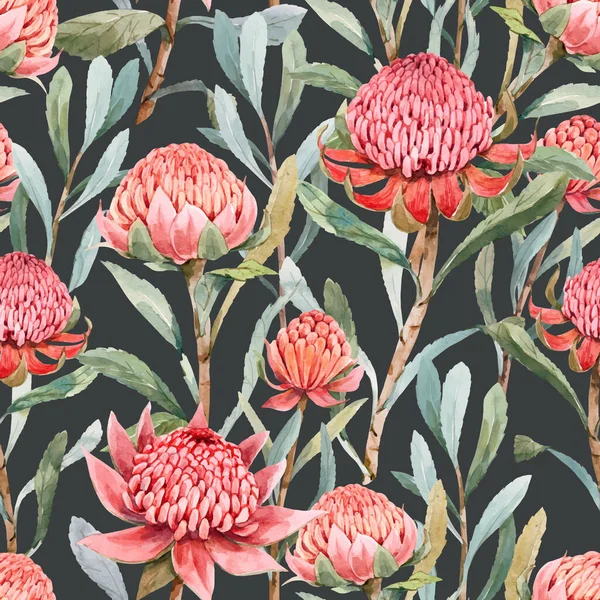Magnifique motif floral vectoriel sans couture avec des fleurs de protéa d'été aquarelle. Illustration de stock. — Image vectorielle