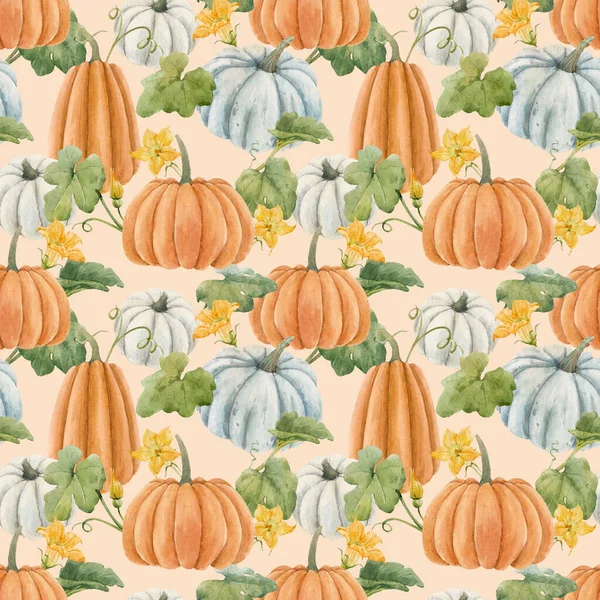 Beautiful autumn seamless pattern with watercolor pumpkin vegetables, leaves and flowers . Stock illustration. — Stock Photo, Image