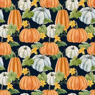 Güzel sonbahar, suluboya balkabağı sebzeleri, yapraklar ve çiçeklerle kusursuz desen. Stok illüstrasyonu.