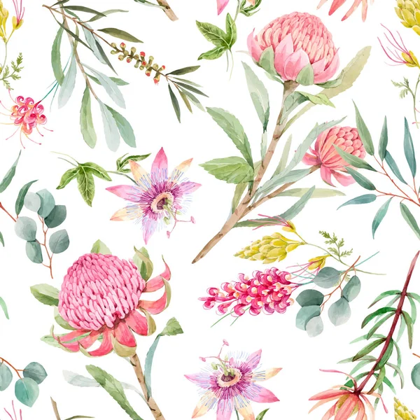 Magnifique motif floral vectoriel sans couture avec protéa d'été aquarelle et fleurs de passiflore. Illustration de stock. — Image vectorielle