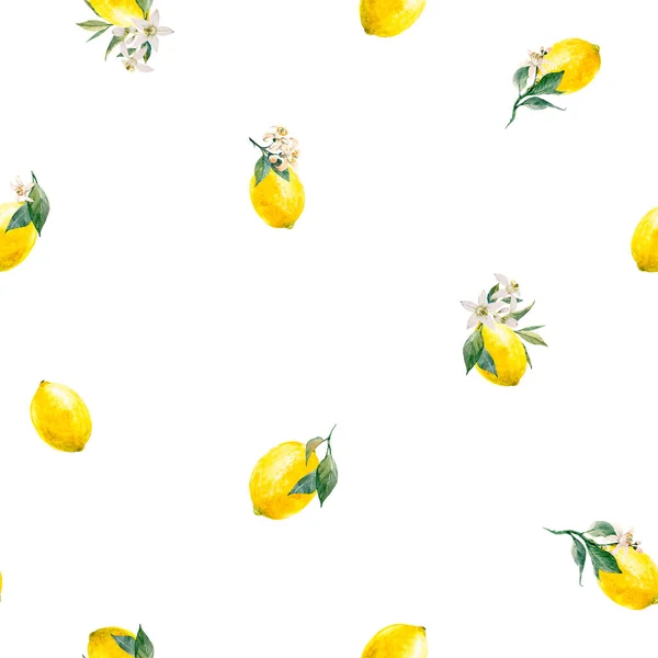 Krásný bezešvý vzor s akvarelem žluté citrónové ovoce, listy a květiny. Skladové ilustrace,. — Stock fotografie