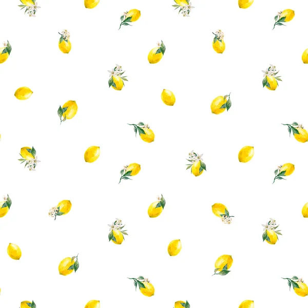 Piękny bezszwowy wzór z akwarelowym żółtym cytrynowym owocem, liśćmi i kwiatami. Ilustracje,. — Zdjęcie stockowe
