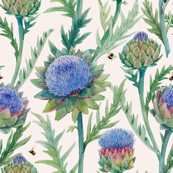 Beau motif floral sans couture avec aquarelle fleurs d'artichaut bleu doux floraison. Illustration de stock. — Photo