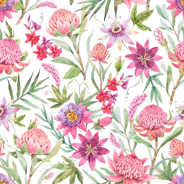 Vacker vektor sömlös blommönster med akvarell sommar passionflower och waratah protea blommor. Lagerillustration. — Stock vektor