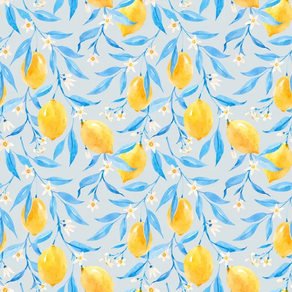 Hermoso patrón inconsútil vector con limones de acuarela dibujados a mano y hojas azules. Ilustración general. — Vector de stock