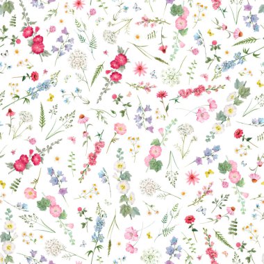 Suluboya yaz çiçekleri olan, kusursuz çiçek desenli güzel bir vektör. Stok illüstrasyonu.