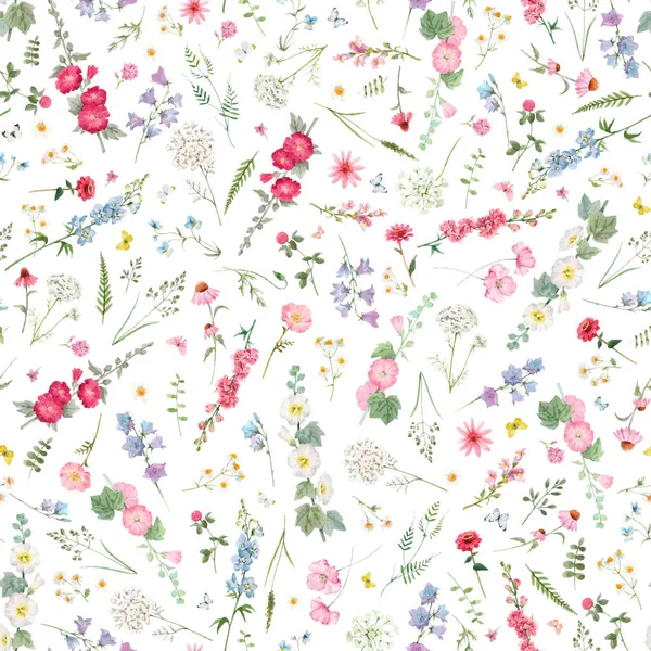 Magnifique motif floral vectoriel sans couture avec des fleurs d'été aquarelle. Illustration de stock. — Image vectorielle