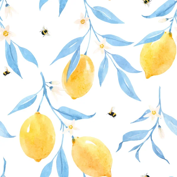 Schöne Vektor nahtlose Muster mit handgezeichneten Aquarell Zitronen und blauen Blättern. Archivbild. — Stockvektor
