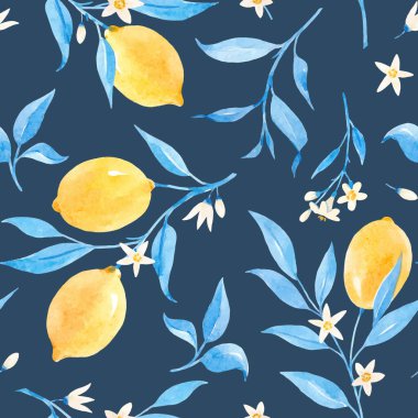 Elle çizilmiş suluboya limonlar ve mavi yapraklarla güzel, pürüzsüz bir desen. Stok illüstrasyonu.