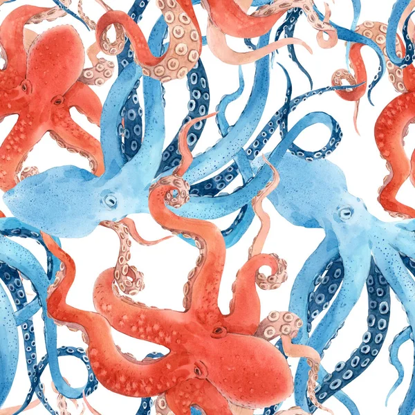 Indah seamless pola bawah air dengan cat air merah dan biru gurita. Ilustrasi stok. — Stok Foto