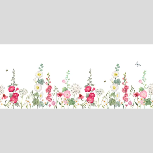 Beau vecteur horizontal motif floral sans couture avec des fleurs de mauve d'été aquarelle. Illustration de stock. — Image vectorielle