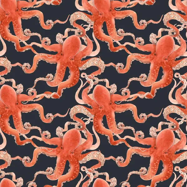 Beautiful seamless underwater pattern with watercolor red octopus. Stock illustration. — Stock Photo, Image