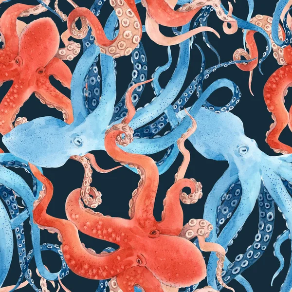 Όμορφη απρόσκοπτη υποβρύχια μοτίβο με ακουαρέλα κόκκινο και μπλε χταπόδι. Εικονογράφηση αποθέματος. — Φωτογραφία Αρχείου