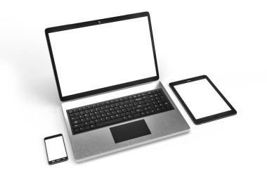 Beyaz arkaplanda izole edilmiş 3d defter, tablet ve telefon çizimi - 3D görüntüleme