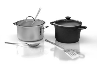 Cam kapaklı iki tencere seti. Bir metal kaşık yerleştirilmiş, diğeri dökme demir. Ayrıca kurutma kaşığı ve spatula da var. Beyaz bir arkaplanda yansıması var. 3d hazırlayıcı.