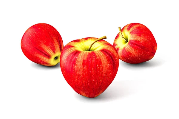 Trzy Jabłka Odizolowane Białym Tle Renderowanie — Zdjęcie stockowe