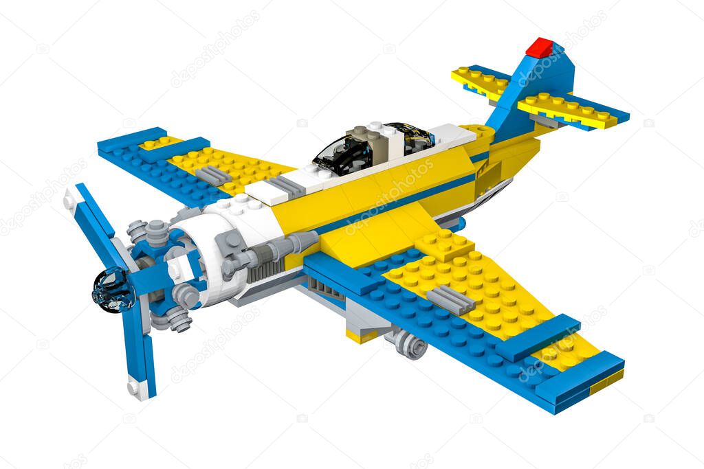 Airplane made of blocks for children isolated on white background - 3D render