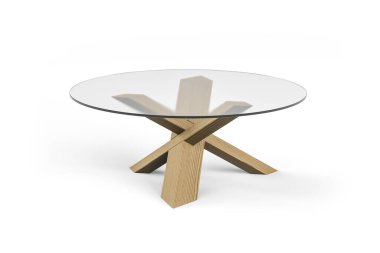 Yuvarlak cam kapaklı kahve masası ve beyaz arka planda izole edilmiş tahta bacaklar.