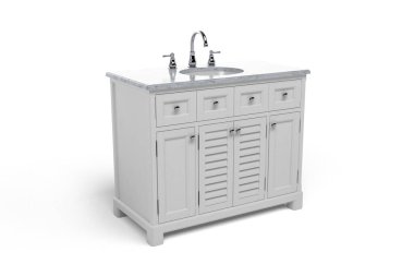 Lavabosu ve musluğu olan gri banyo dolabı - beyaz arka planda izole - 3D görüntüleme
