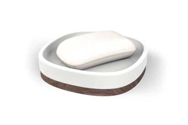 Porzellanseifenschale Aus Holz Mit Weißer Seife Isoliert Auf Weißem Hintergrund — Stockfoto