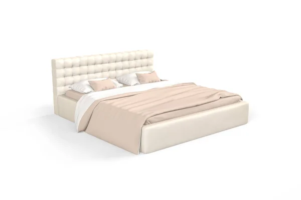 Beyaz arka planda izole edilmiş modern ve zarif bir çift kişilik yatak.