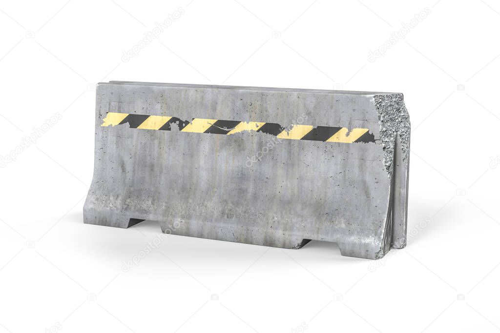 A damaged and faded concrete barricade isolated on white background - 3d render