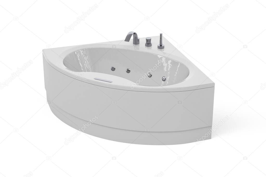 Beautiful luxury white modern corner bathtub with fitted taps - isolated on white - 3d render
