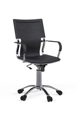 Siyah ofis sandalyesi, metal bacaklı, beş tekerli, beyaz üzerine izole edilmiş, üç boyutlu.