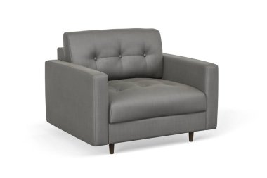 Beyaz zemin üzerinde tahta bacakları olan tek gri kumaş kanepe.