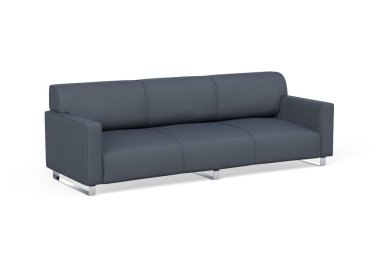 Üç koltuklu lacivert kumaş, beyaz arka planda metal bacakları var.