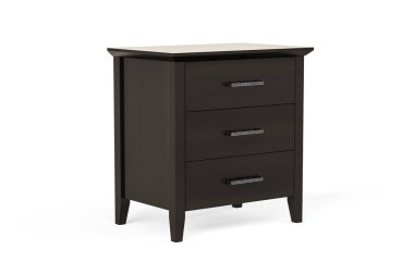 Beyaz üzerine izole edilmiş şık, koyu renk ahşap komodinli bir masa.