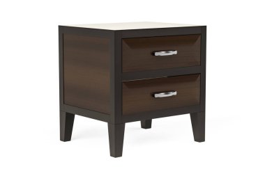 Beyaz arkaplanda izole edilmiş zarif koyu ahşap komodinli masa - 3D görüntüleme