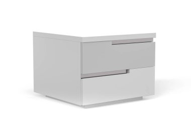 Beyaz arka planda iki çekmecesi olan modern beyaz başucu masası - 3d render