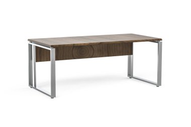 Beyaz arka planda izole edilmiş metal bacaklı modern siyah ceviz masası - 3D görüntüleme