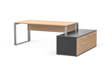 Metal bacaklı modern parlak çam masası - ek olarak çam önlüklü grafit dolap - beyaz arka planda izole edilmiş - 3D