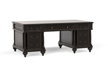 Koyu kahverengi ahşap ofis masası beyaz arka planda izole edilmiş retro tarzı - 3D görüntüleme