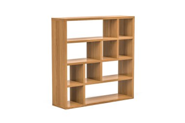 Çam kaplamalı ahşap kitaplık beyaz arka planda izole edilmiş - 3D oluşturma