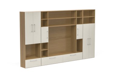 Beyaz arkaplanda parlak ahşap kitaplık - 3B görüntüleme