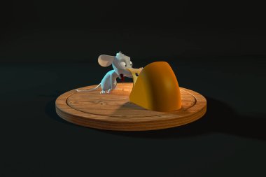 Koyu yeşil grafit arkaplanlı peynirli ahşap tabakta bir peri masalı faresi - 3 boyutlu illüstrasyon