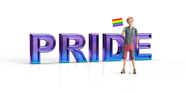 Lgbtの虹の旗を持つ若い男の子 彼の後ろには3D碑文Prideです 白い背景に隔離された 3Dイラスト — ストック写真