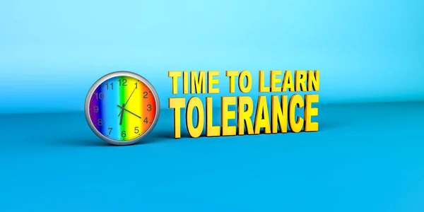 Illustration of a clock with a dial in LGBT colors, TIME TO LEARN TOLERANCE - next to the clock - 3d illustration