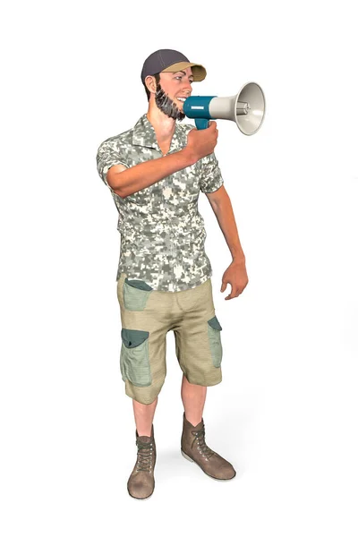 Smiling Man Baseball Cap Stands Speaks Megaphone Pointing Left Isolated — Stock Photo, Image