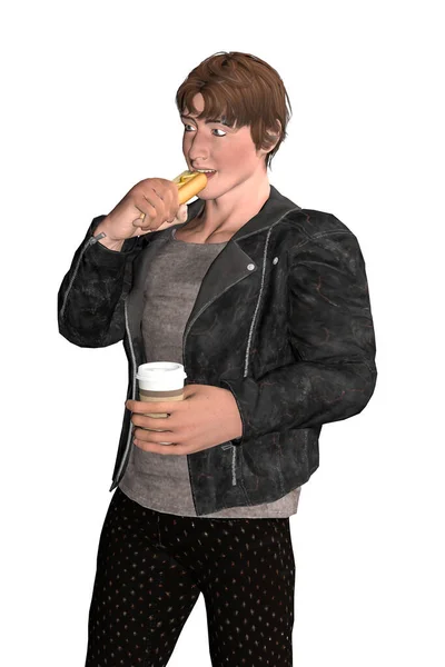 ホットドッグを食べる男の肖像 革のスタンドで若い男がホットドッグを食べ 彼の左手に彼はコーヒーとプラスチックカップを保持しています 白で隔離されています 3Dイラスト — ストック写真