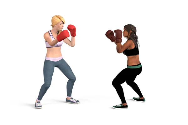 2人の若い女性の間のボクシングの戦い 白い背景に隔離された 3Dイラスト — ストック写真