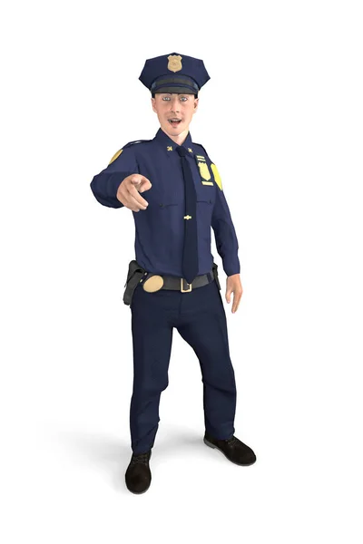 笑顔の警官が立って カメラで彼の指をまっすぐに指しています 白い背景に隔離されています 3Dイラスト — ストック写真