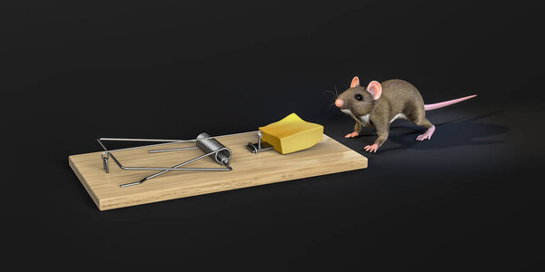 Мышь идет к сыру, помещенному на мышеловку - изолированно на заднем плане - трехмерная иллюстрация