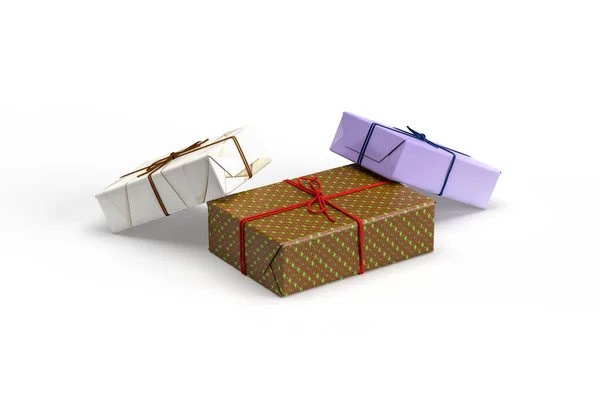 Trois Coffrets Cadeaux Enveloppés Dans Papier Décoratif Avec Des Cordes — Photo