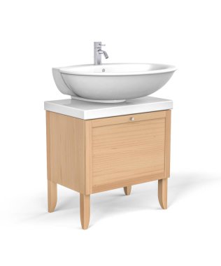 Ahşap dolapta musluk takılı beyaz lavabo - 3 boyutlu.